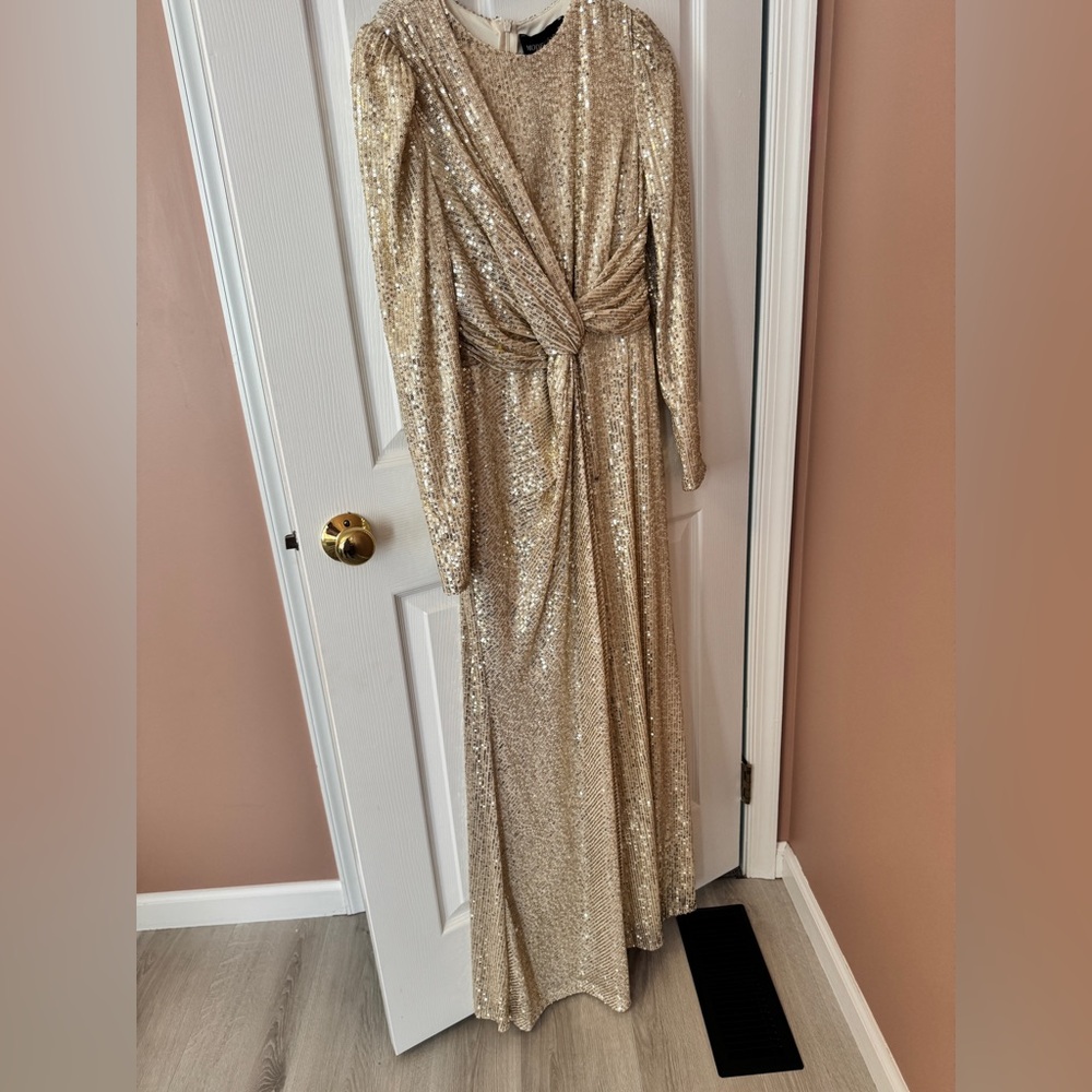 NWT modest Barbie long sleeve champagne sparkles maxi dress